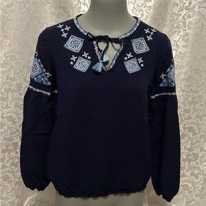 Southern Tide Navy Blue Embroidered Peasant Blouse, Size S